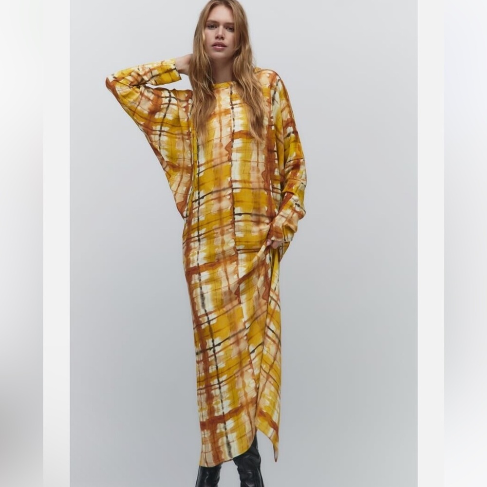 Zara Abstract Geo Plaid Midi Dress w Batwing Sleeves Blogger Fave Yellow Small